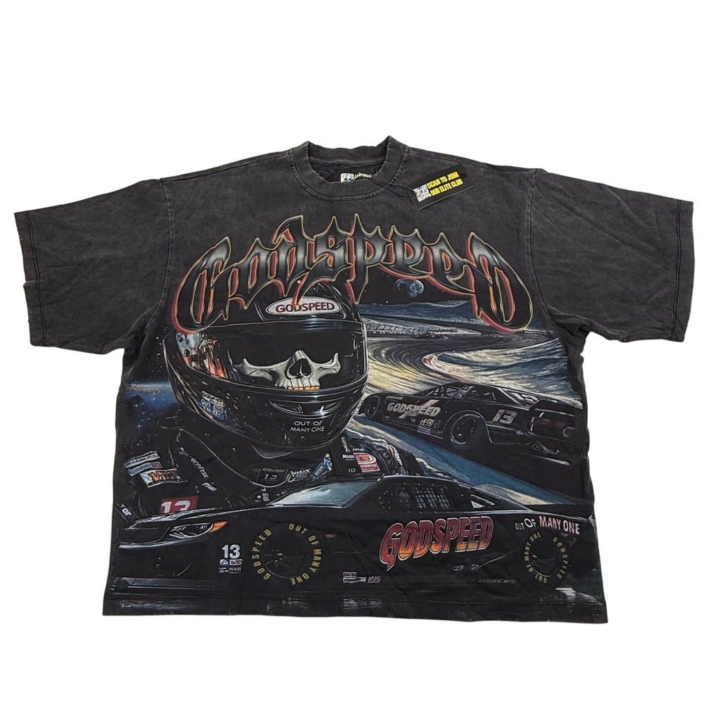 Godspeed New York Racing Skull Graphic T-Shirt Black Wash Distressed Mens L